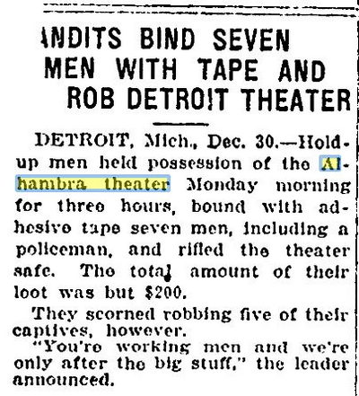 Dec 1924 robbery Alhambra Theatre, Detroit